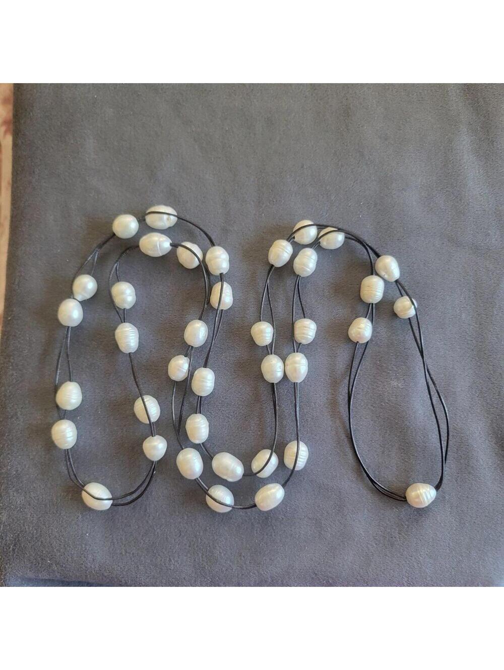 Long Black Cord Necklace With White Potato Pearls